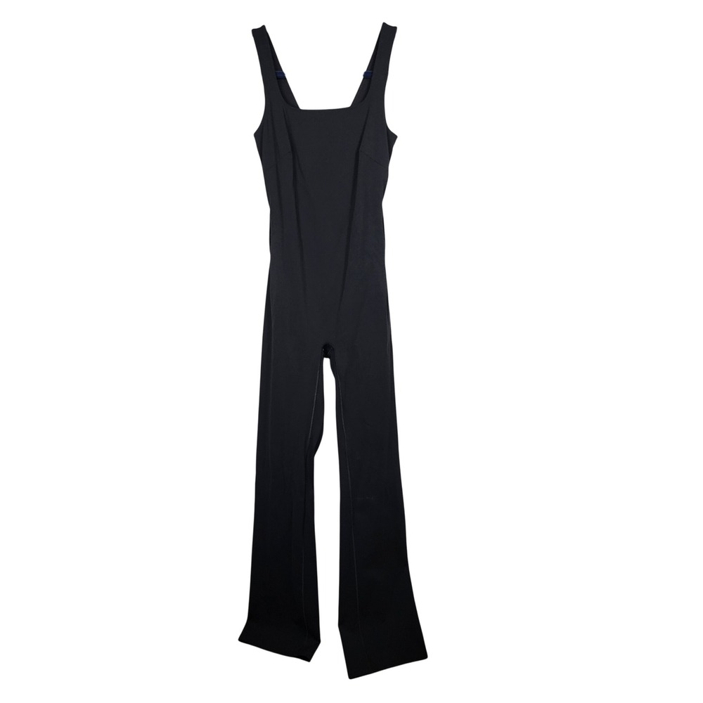 Spanx Booty Boost Jumpsuit Womens Small Black Flare Leg Back Cutout Active Gym
